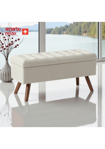 Swiss Style Gruyères Kapitone Puf,baby face Polyester Kaplama, , Dekoratif puf 110x40x45 cm, Kapitone Ahşap Ayaklı puf (Ekru)