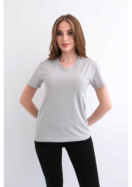 Kadın V Yaka Düz Baskısız %100 Pamuk Gri Basic Tişört