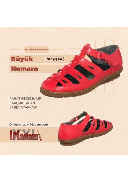 DRL7018 Nar Çiçeği Yazlık Büyük Numara Rahat Geniş Kalıp Kauçuk Taban Babet Ayakkabı