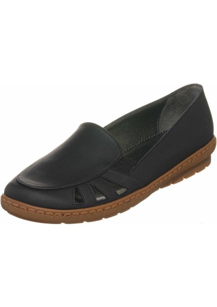 DRL6018 Siyah Büyük Numara Kadın Babet Ayakkabı Kauçuk Taban Rahat Geniş Kalıp