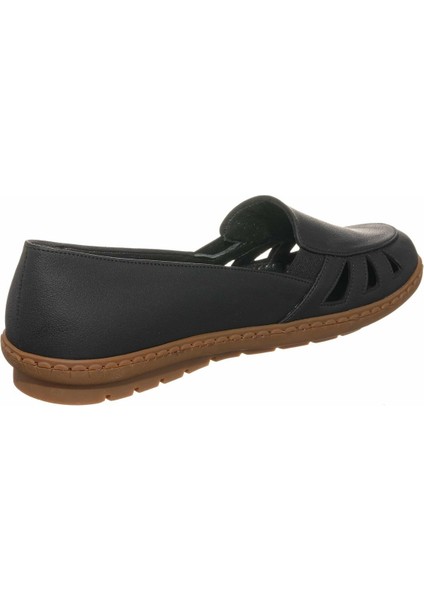 DRL6018 Siyah Büyük Numara Kadın Babet Ayakkabı Kauçuk Taban Rahat Geniş Kalıp