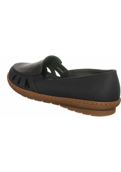 DRL6018 Siyah Büyük Numara Kadın Babet Ayakkabı Kauçuk Taban Rahat Geniş Kalıp