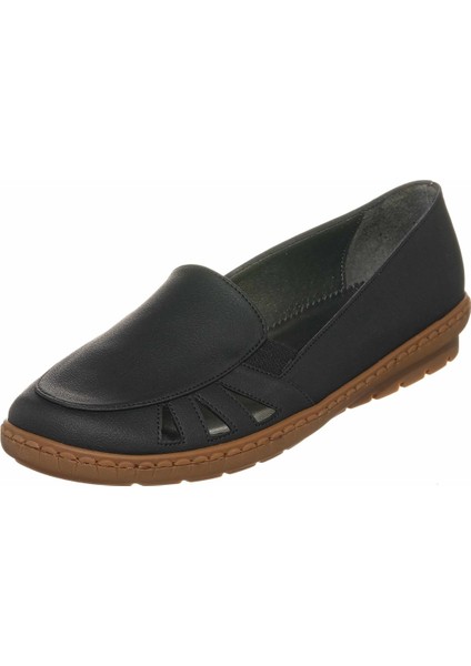 DRL6018 Siyah Büyük Numara Kadın Babet Ayakkabı Kauçuk Taban Rahat Geniş Kalıp