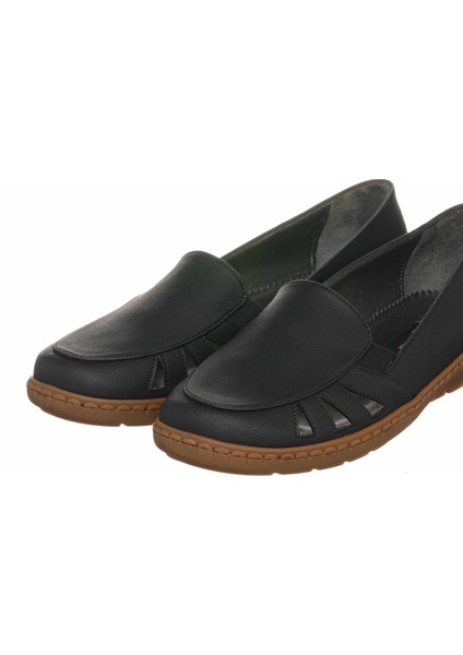 DRL6018 Siyah Büyük Numara Kadın Babet Ayakkabı Kauçuk Taban Rahat Geniş Kalıp indirimleri