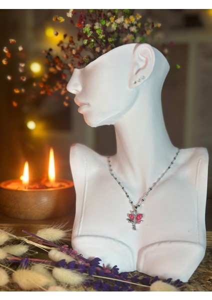 Pembe Lale Çelik Kolye