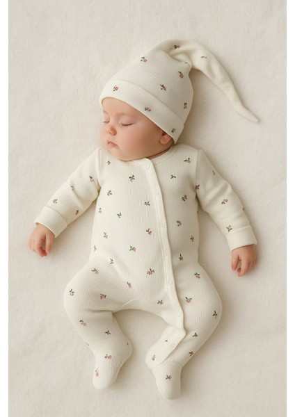 Tuembaby% 100 Pamuk Lale Desenli Şapkalı Uzun Kollu Patikli Unisex Bebek Tulumu