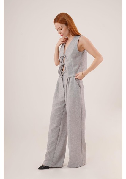 Ön Bağlama Detaylı Yelek ve Pantolon Gri Ikili Takım modelleri