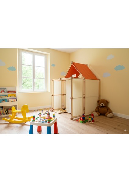 Modüler Ahşap Çocuk Çadırı Oyun Evi – %100 Pamuklu Kumaş, Iç ve Dış Mekana Uygun, Doğal Sağlam Ağaçtan