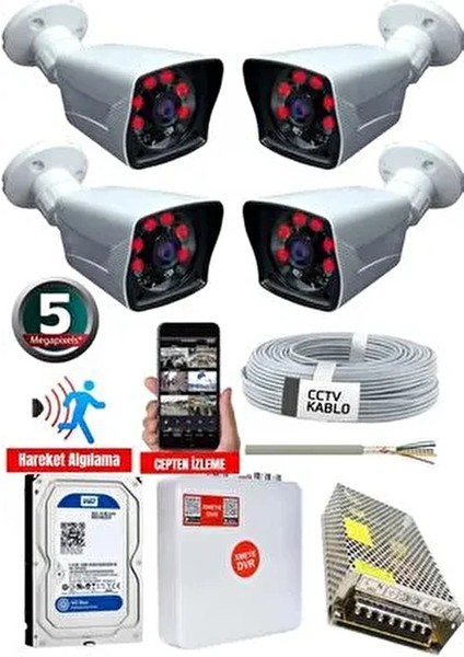 Lemax 4 Kameralı 5 MP Gece Görüşlü AHD Güvenlik Kamerası Sistemi 100 Metre Görüş Mesafesi fiyatları