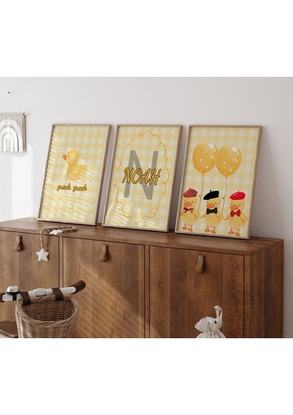 (Çerçevesiz) Civcivli Sarı Kişiselleştirilebilir Bebek/çocuk Odası 3lü Poster Seti