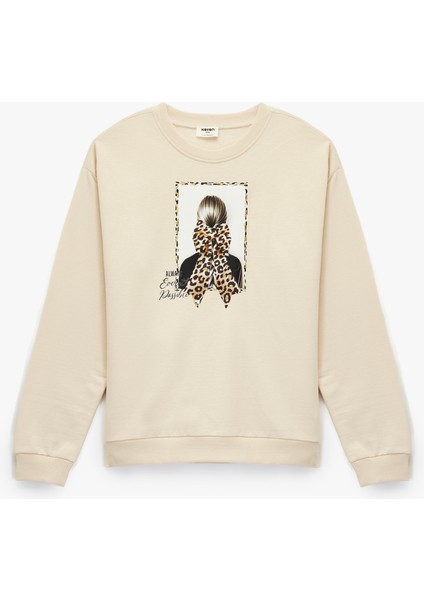 Şardonlu Uzun Kollu Bisiklet Yaka Pamuklu Baskılı Sweatshirt