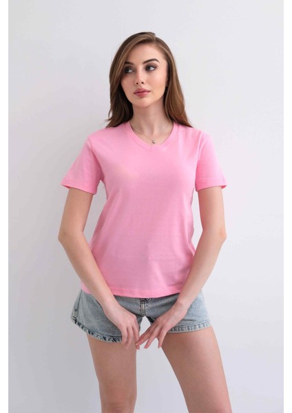 Kadın V Yaka Düz Baskısız %100 Pamuk Pembe Basic Tişört