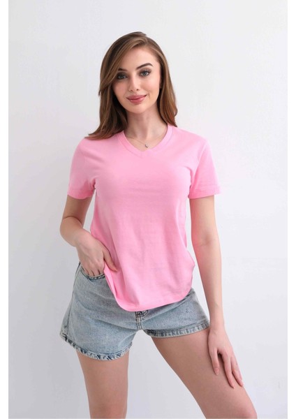 Kadın V Yaka Düz Baskısız %100 Pamuk Pembe Basic Tişört fiyatları