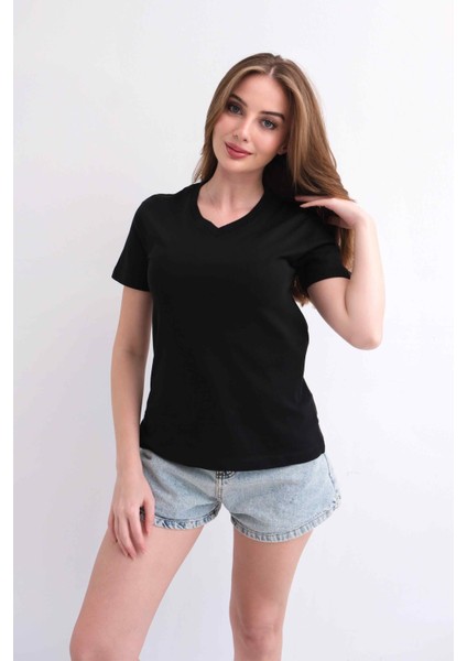 Kadın V Yaka Düz Baskısız %100 Pamuk Siyah Basic Tişört fiyatları