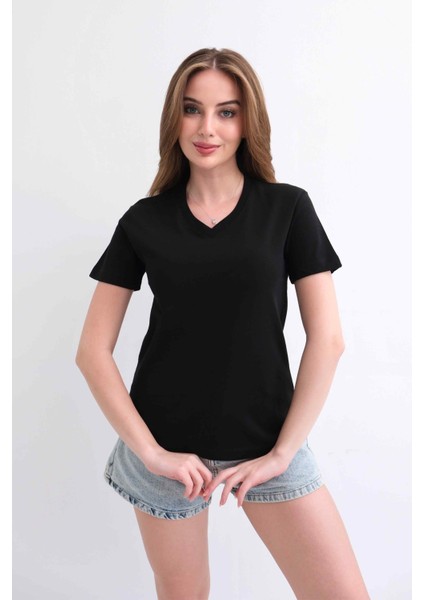 Kadın V Yaka Düz Baskısız %100 Pamuk Siyah Basic Tişört modelleri