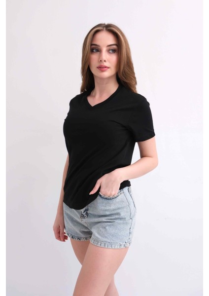 Kadın V Yaka Düz Baskısız %100 Pamuk Siyah Basic Tişört fırsatları