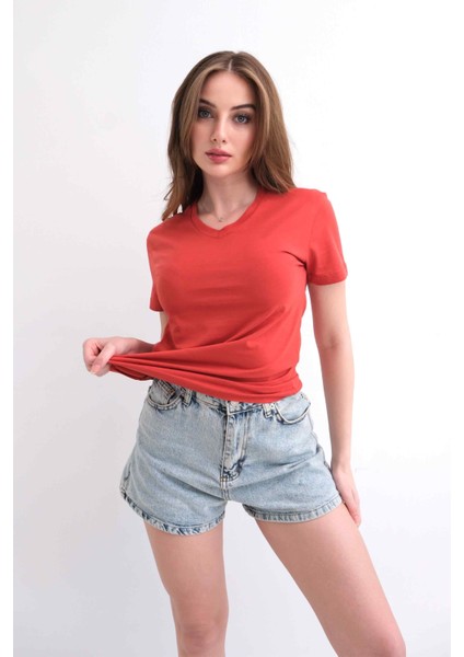 Kadın V Yaka Düz Baskısız %100 Pamuk Kiremit Basic Tişört