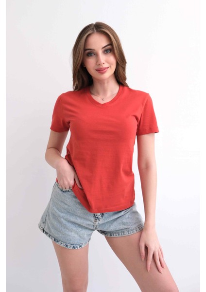 Kadın V Yaka Düz Baskısız %100 Pamuk Kiremit Basic Tişört fırsatları