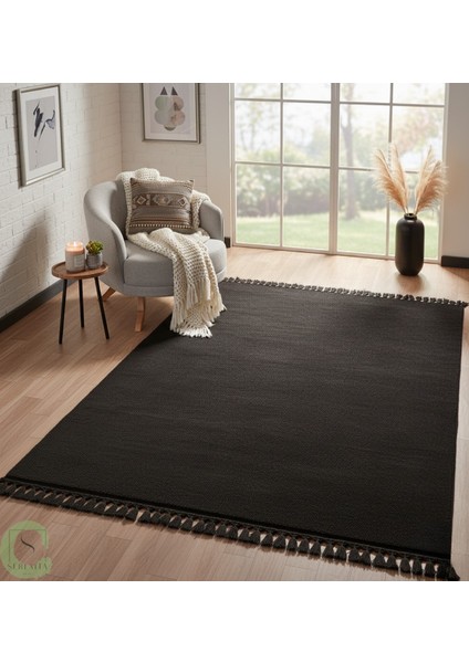 Post/peluş Yıkanabilir Kaymaz Taban Yumşacık Siyah Örgü Saçaklı Modern ve Şık Salon Oturma Odası Mutfak Çocuk Odası Koridor Antre Halısı