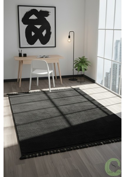 Post/peluş Yıkanabilir Kaymaz Taban Yumşacık Siyah Örgü Saçaklı Modern ve Şık Salon Oturma Odası Mutfak Çocuk Odası Koridor Antre Halısı indirimleri