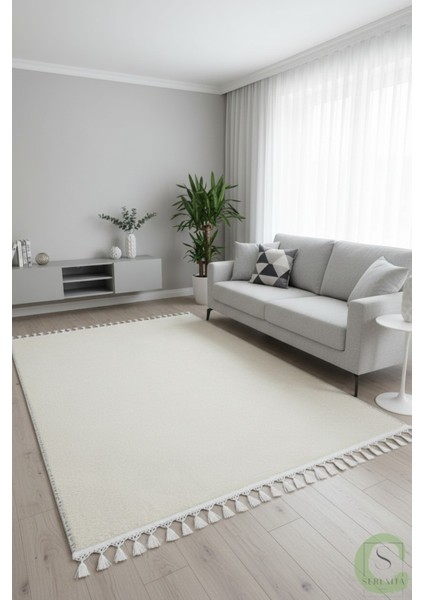Post/peluş Yıkanabilir Kaymaz Taban Yumşacık Krem/ekru Örgü Saçaklı Modern ve Şık Salon Oturma Odası Mutfak Çocuk Odası Koridor Antre Halısı