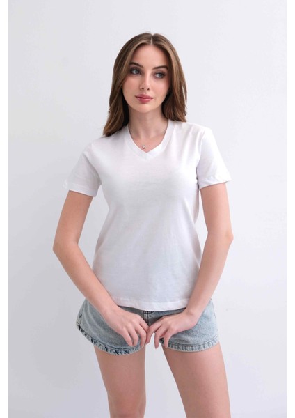 Kadın V Yaka Düz Baskısız %100 Pamuk Beyaz Basic Tişört modelleri