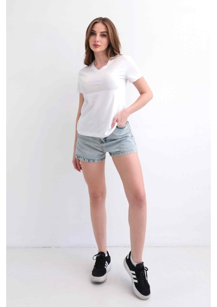 Kadın V Yaka Düz Baskısız %100 Pamuk Beyaz Basic Tişört fırsatları