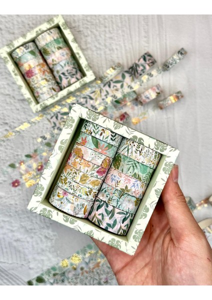 Masking Tape Yaldızlı Çiçek Desenli 12’li Yeşil Kutu Washi Bant/washi Tape / Bullet Journal / Scrapbook