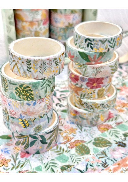 Masking Tape Yaldızlı Çiçek Desenli 12’li Yeşil Kutu Washi Bant/washi Tape / Bullet Journal / Scrapbook modelleri