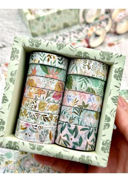 Masking Tape Yaldızlı Çiçek Desenli 12’li Yeşil Kutu Washi Bant/washi Tape / Bullet Journal / Scrapbook fırsatları