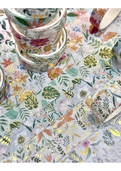 Masking Tape Yaldızlı Çiçek Desenli 12’li Yeşil Kutu Washi Bant/washi Tape / Bullet Journal / Scrapbook indirimleri