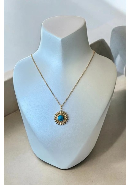 Altın Renk Mavi Taş Detaylı Çelik Kolye