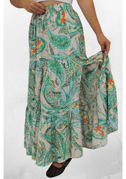 Viskon Kumaş Yırtmaçlı Çiçek Desenli Uzun Etek