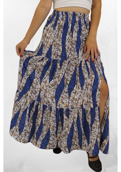 Viskon Kumaş Yırtmaçlı Çiçek Desenli Uzun Etek