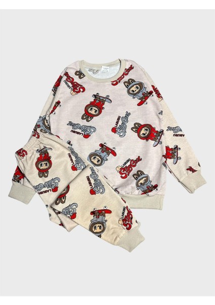 Erkek Çocuk Pamuklu Bej Rengi Labubu Desenli Uzun Kollu Mevsimlik Pijama Takımı