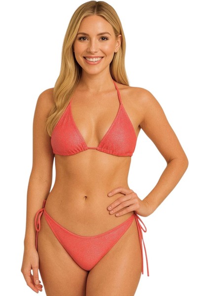 Simli Boyundan Bağlamalı Şık Kadın Bikini Takımı