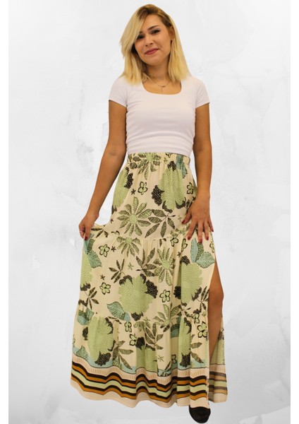 Viskon Kumaş Yırtmaçlı Çiçek Desenli Uzun Etek