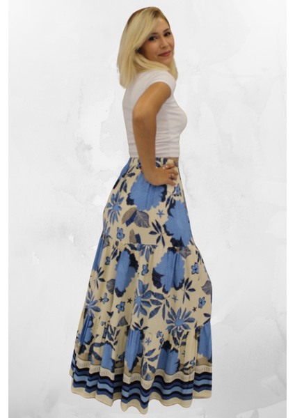 Viskon Kumaş Yırtmaçlı Çiçek Desenli Uzun Etek