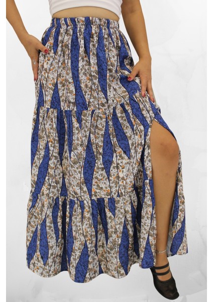 Viskon Kumaş Yırtmaçlı Çiçek Desenli Uzun Etek