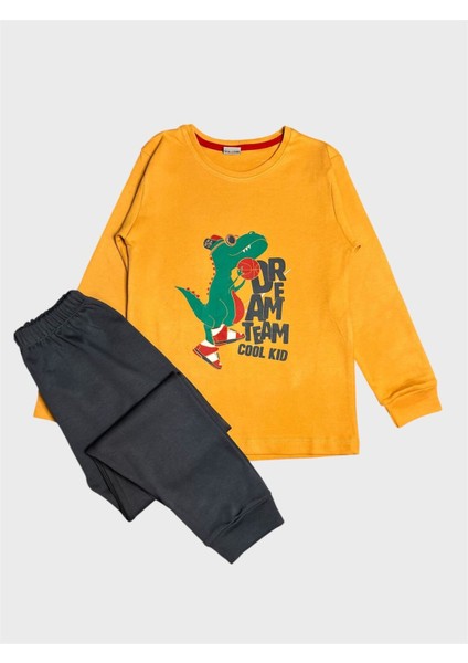 Erkek Çocuk Pamuklu Sarı Dinozor Desenli Uzun Kollu Pijama Takımı
