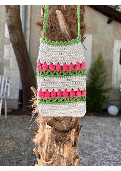 El Yapımı Tığ Işi Çiçek Desenli Omuz Çantası - Renkli Yazlık Telefon ve Cüzdan Çantası