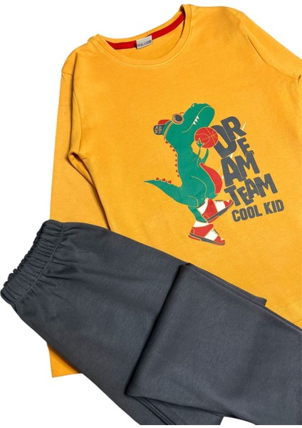 Erkek Çocuk Pamuklu Sarı Dinozor Desenli Uzun Kollu Pijama Takımı modelleri