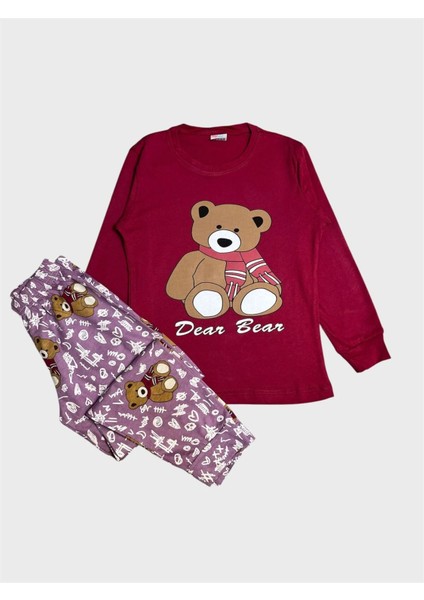 Kız Çocuk Pamuklu Bordo Renk Ayıcık Desenli Uzun Kollu Pijama Takımı