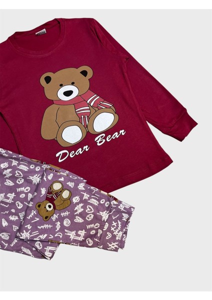 Kız Çocuk Pamuklu Bordo Renk Ayıcık Desenli Uzun Kollu Pijama Takımı fiyatları