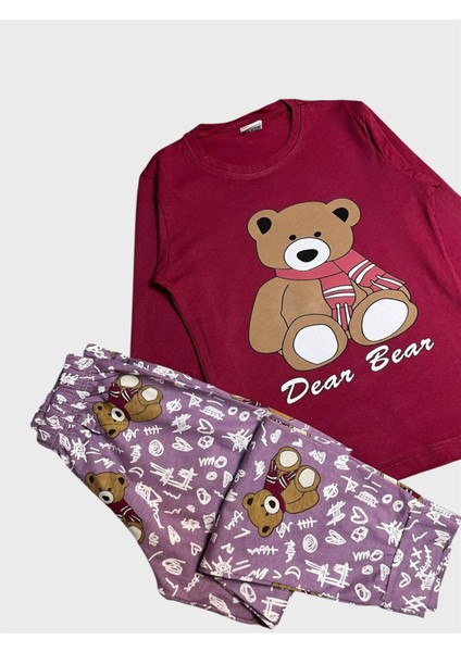 Kız Çocuk Pamuklu Bordo Renk Ayıcık Desenli Uzun Kollu Pijama Takımı modelleri
