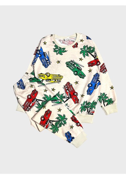 Erkek Çocuk Pamuklu Bej Rengi Araba Palmiye Desenli Uzun Kollu Mevsimlik Pijama Takımı