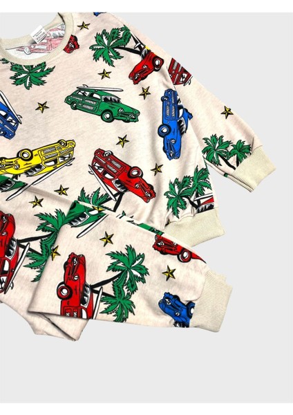 Erkek Çocuk Pamuklu Bej Rengi Araba Palmiye Desenli Uzun Kollu Mevsimlik Pijama Takımı fiyatları