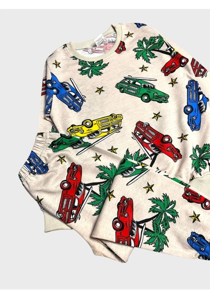 Erkek Çocuk Pamuklu Bej Rengi Araba Palmiye Desenli Uzun Kollu Mevsimlik Pijama Takımı modelleri