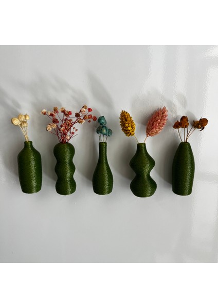 Miniflora - 5'li Magnetli Mini Vazo - Haki Renk Buzdolabı Süsü