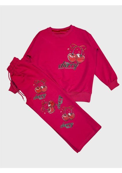 Kız Çocuk Pamuklu Pembe Kiraz Desenli Uzun Kollu Bol Paça Eşofman Takımı